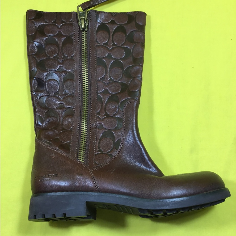 Coach Brown Leather Valentine Mid-Calf Logo-Embossed Boot with Gold-Zip SZ 8 - Picture 8 of 12